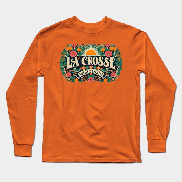 La Crosse Wisconsin Vintage Rosemaling Type Design Long Sleeve T-Shirt by BlueLine Design